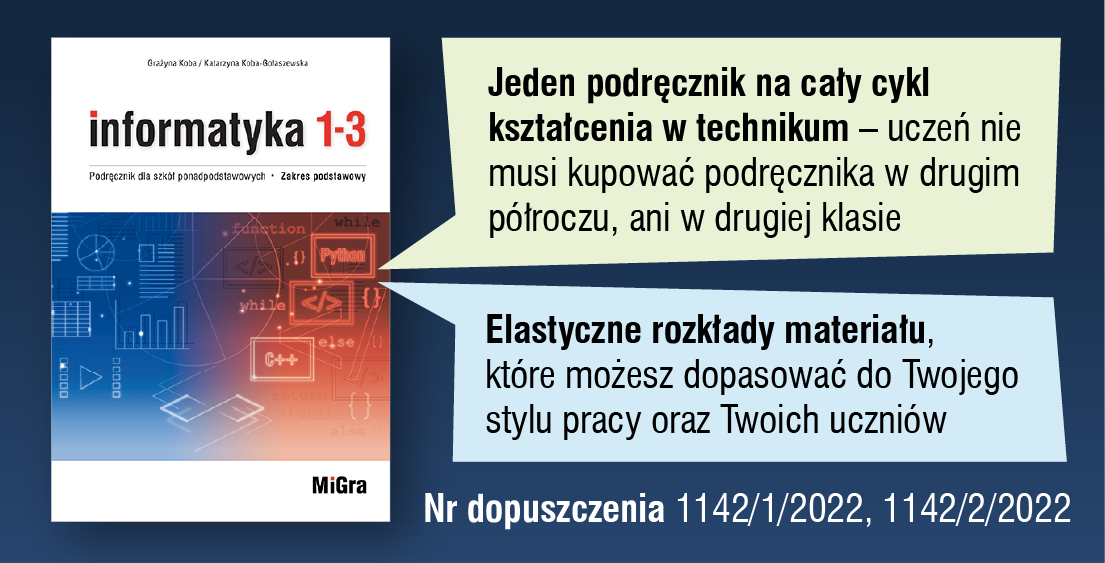 Jeden podręcznik na cały cykl kształcenia w technikum - uczeń nie musi kupować podręcznika w drugim półroczu, ani w drugiej klasie. Elastyczne rozkłady materiału, które możesz dopasować do Twojego stylu pracy oraz Twoich uczniów.